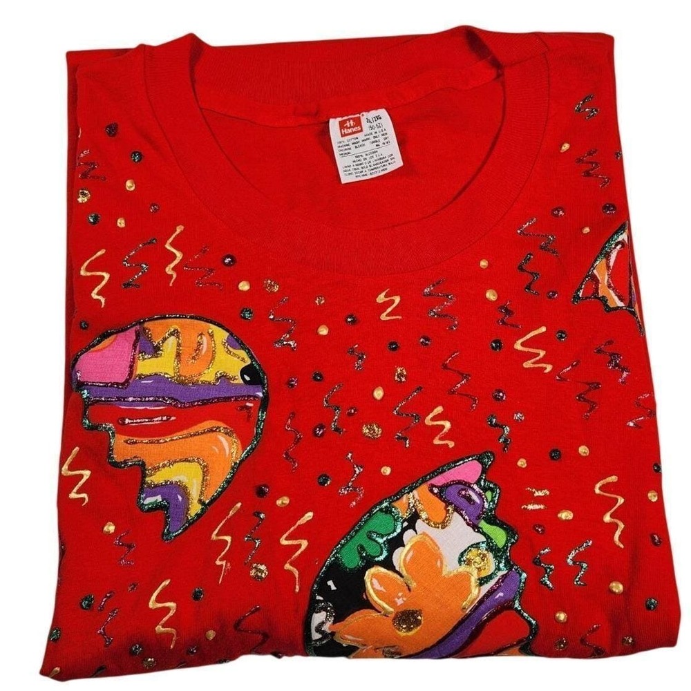 Vintage Hanes Beefy-T Red T-Shirt 2XL Made in USA Abstract Funky 80s 90s Unisex